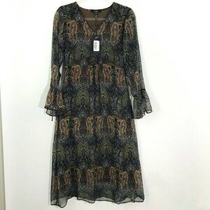 YEST Dress Women Size 4 Brown Blue Paisley‎ Print Chiffon Overlay Empire Waist